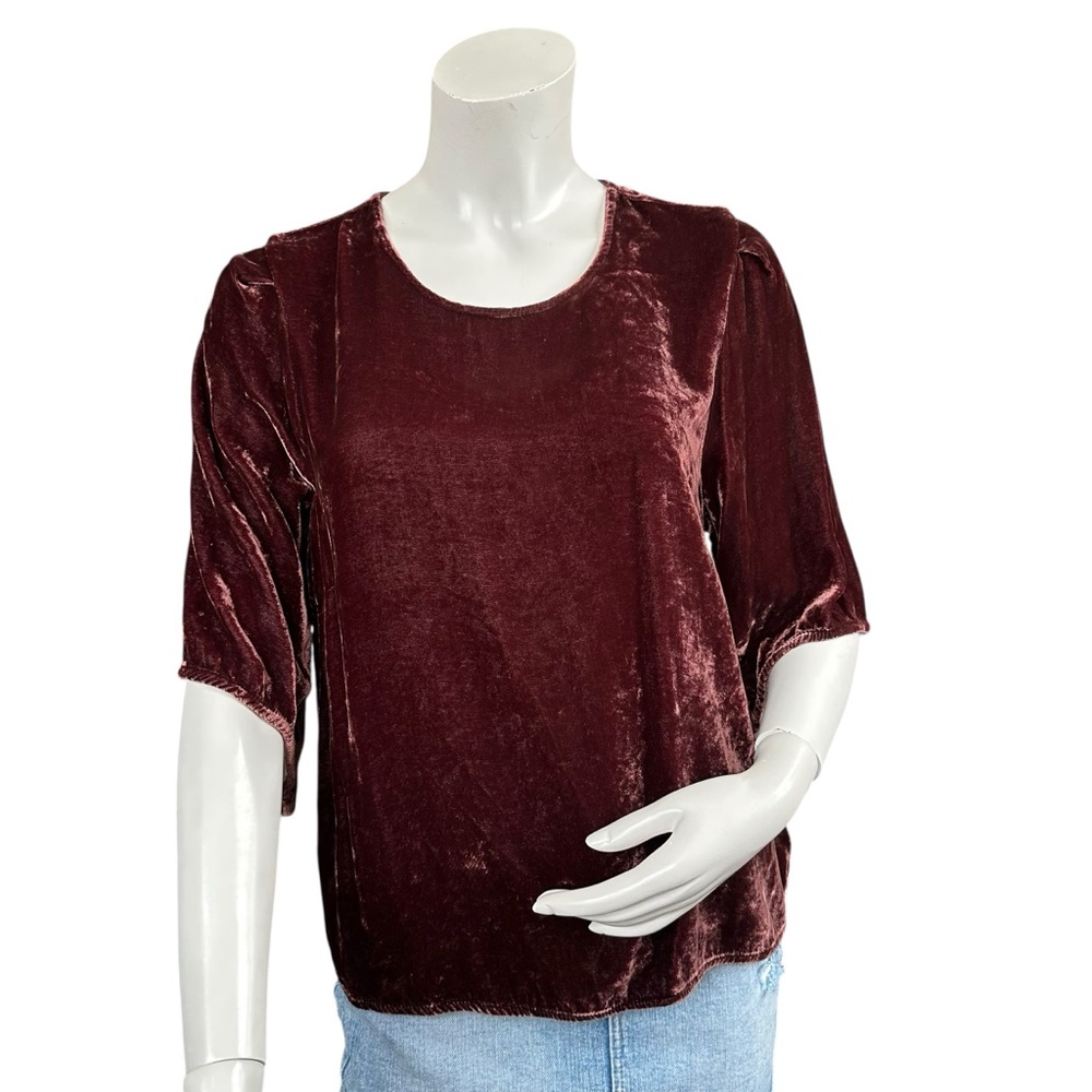 Velvet by Graham & Spencer Brownish Maroon High Neck Modest Velvet Blouse Medium